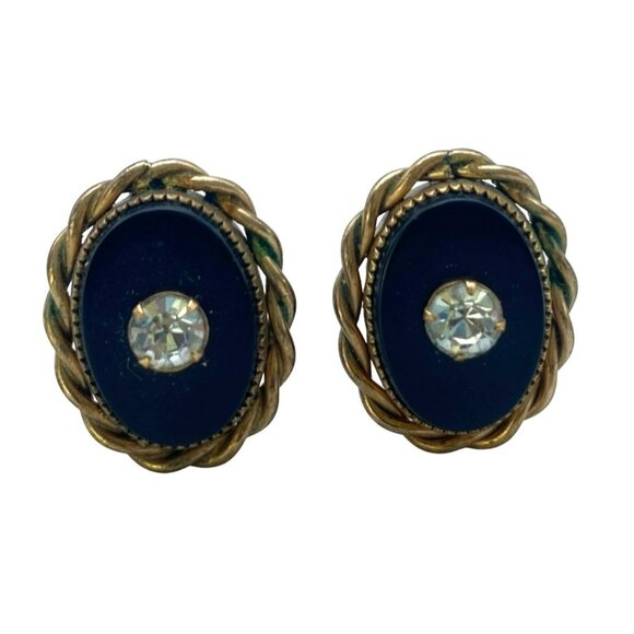 Vintage Art Deco Nouveau Gold Tone Black Rhinestone Screw back Earrings - Picture 9 of 10